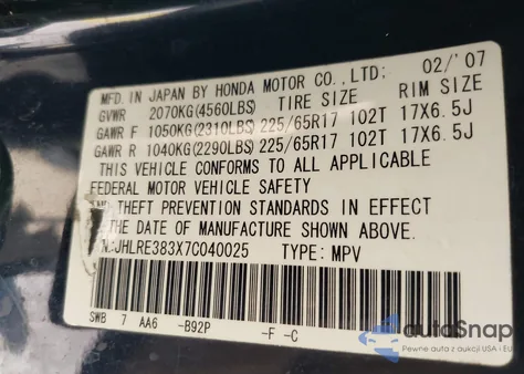 2007 Honda Cr-V Lx from USA, damaged, VIN JHLRE383X7C040025